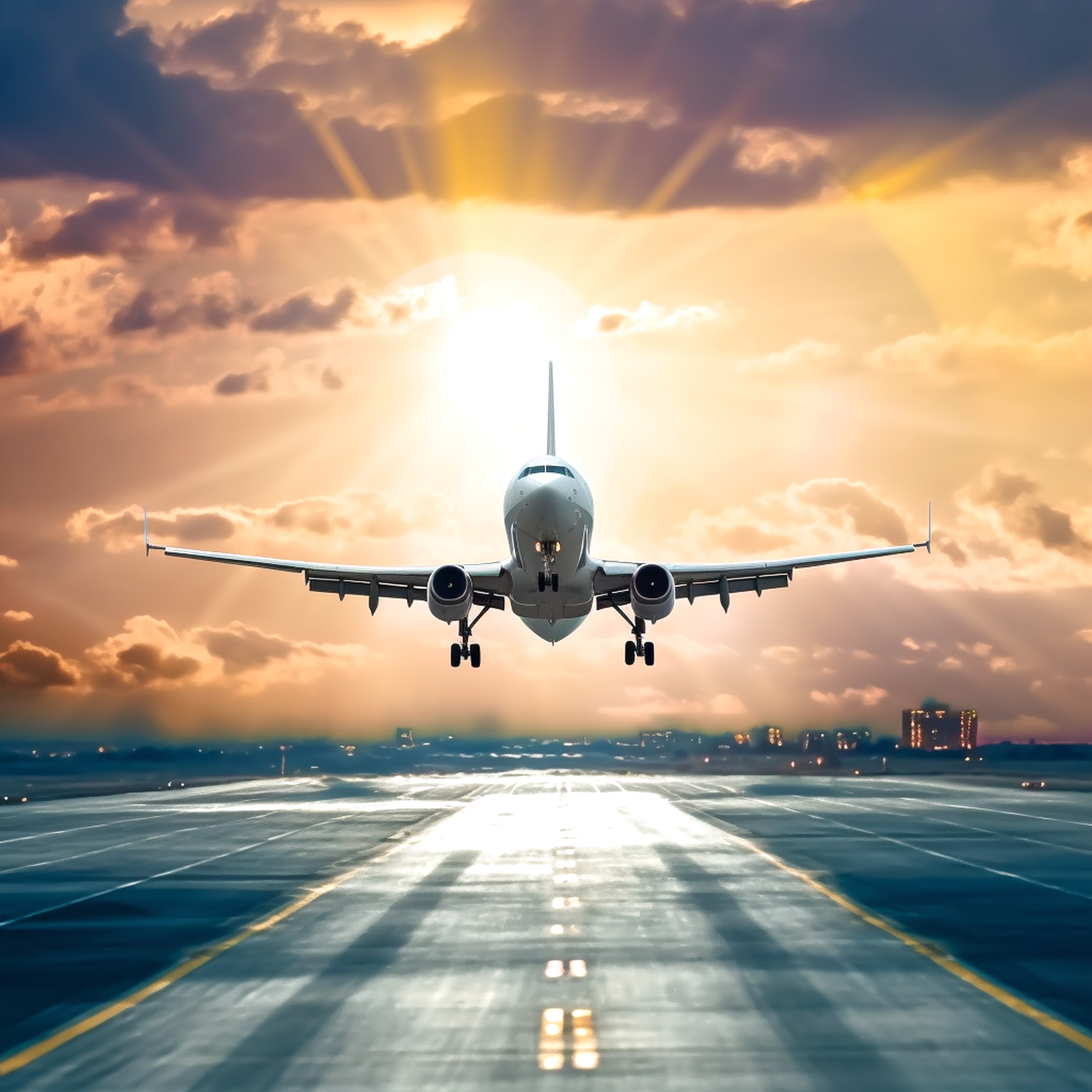 Airplane taking off at sunset
